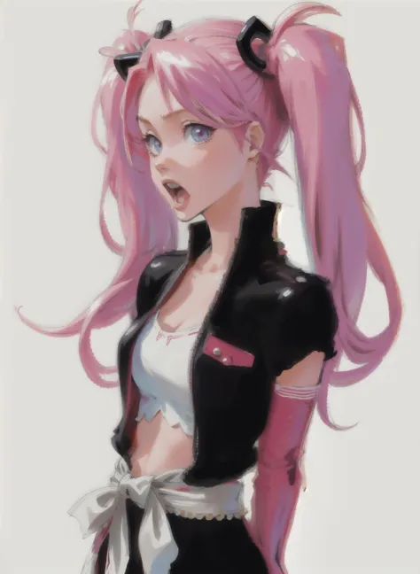 a close up of a person with pink hair and a black jacket