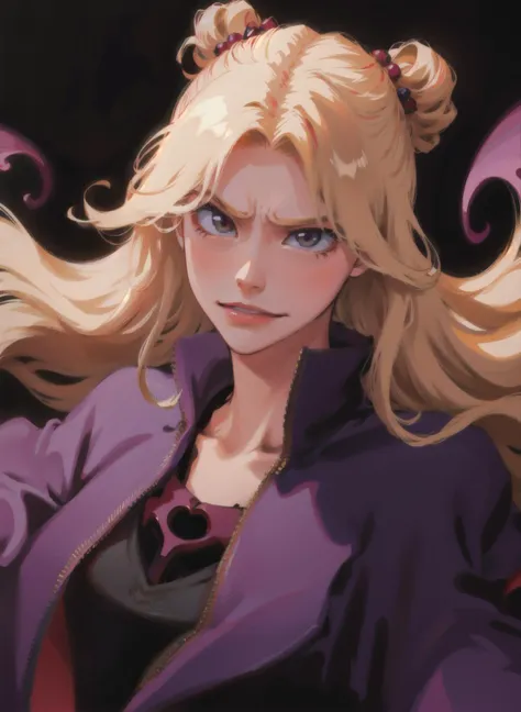 a woman with blonde hair and blue eyes wearing a purple jacket