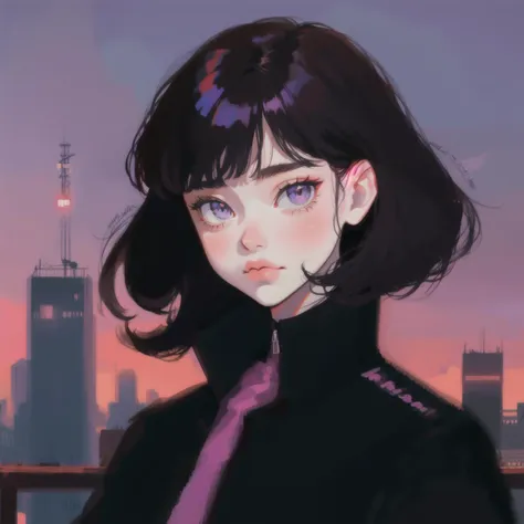 anime girl with a purple tie and a city skyline in the background