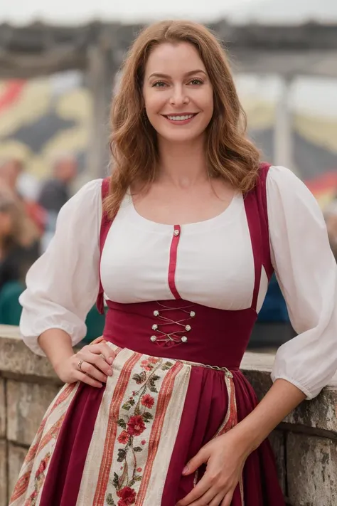 portrait style photography, solo, looking at viewer, woman in dirndl, Oktoberfest, smile, soft colors, bokeh, masterpiece, high quality, (high detailed skin:1.1)
 <lora:esmé_bianco_lora_v01:1> esme82