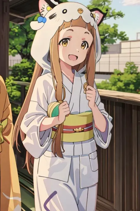 best quality, masterpiece, highres, solo, {yukata:1.40}, {kimono:1.20}, {ichihara_nina_theidolmastercinderellagirlsu149:1.15}, brown_hair, long_hair, bangs, brown_eyes, blunt_bangs, smile, open_mouth, cosplay, bow, kigurumi, yellow_eyes