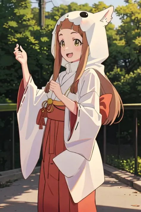 best quality, masterpiece, highres, solo, {white kimono:1.35}, {red hakama:1.35}, {wide sleeves:1.20}, {ichihara_nina_theidolmastercinderellagirlsu149:1.15}, brown_hair, long_hair, bangs, brown_eyes, blunt_bangs, smile, open_mouth, cosplay, bow, kigurumi, ...