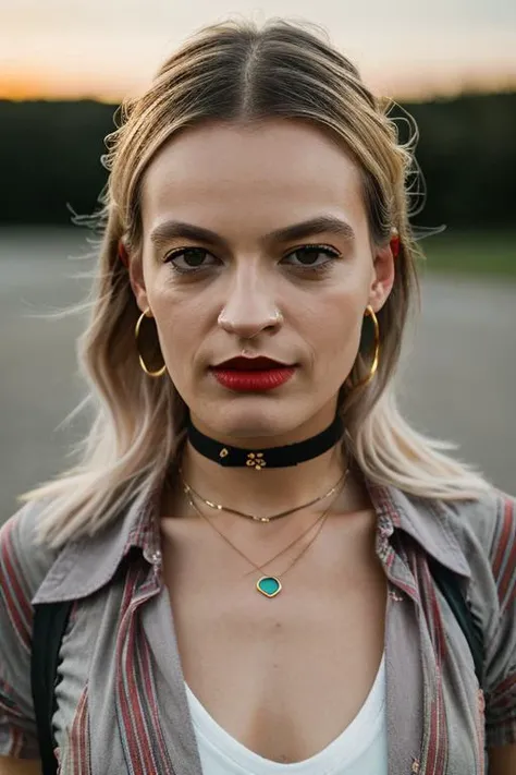 <lora:3mm4m4ck3y:1>, Realistic photo of a beautiful 3mm4m4ck3y woman,  1girl, solo, long hair, looking at viewer, blonde hair, shirt, jewelry, closed mouth, upper body, choker, striped, necklace, blurry, lips, grey eyes, makeup, piercing, red shirt, stripe...