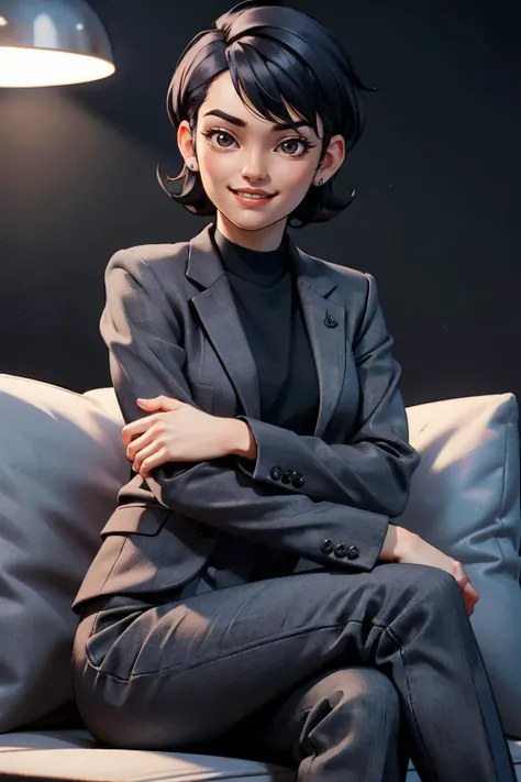 AsukaGTA, woman, short black hair, black suit jacket,black shirt, black pants, looking at viewer,serious, evil grin, sitting, on sofa, inside fancy living room, legs crossed, soft lighting, high quality, masterpiece <lora:AsukaGTA:.6>