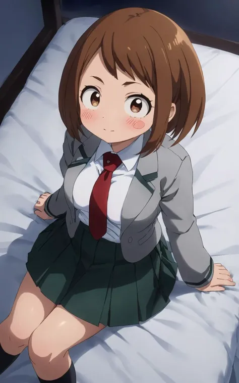 From Up, Sitting, on bed , High Angle, looking to the side, contrapposto, dynamic pose, cinematic lighting, nighttime , 4D cinema, daytime , 1girl, <lora:sdxl-mha-ochako:0.7> Uraraka Ochako, thick_eyebrows blush_stickers, brown_hair, brown_eyes, short_hair...