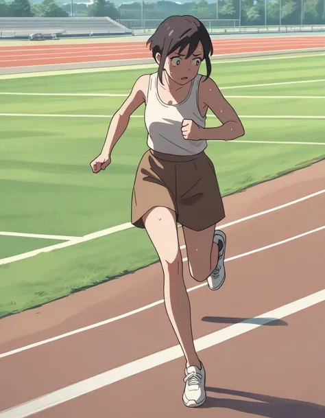 score_9, score_8_up, score_7_up, score_6_up, score_5_up, score_4_up, source_anime,
<lora:suzume-pack-ponyxl:0.75>
tamaki, white tank top, brown skirt, white footwear,
1girl, solo, track, running, exhausted, sweat