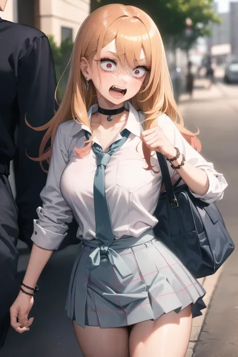 anime girl with a fake mustache and a skirt walking down the street