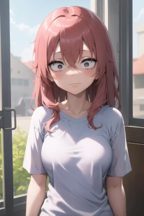 anime girl with red hair and blue shirt looking out window