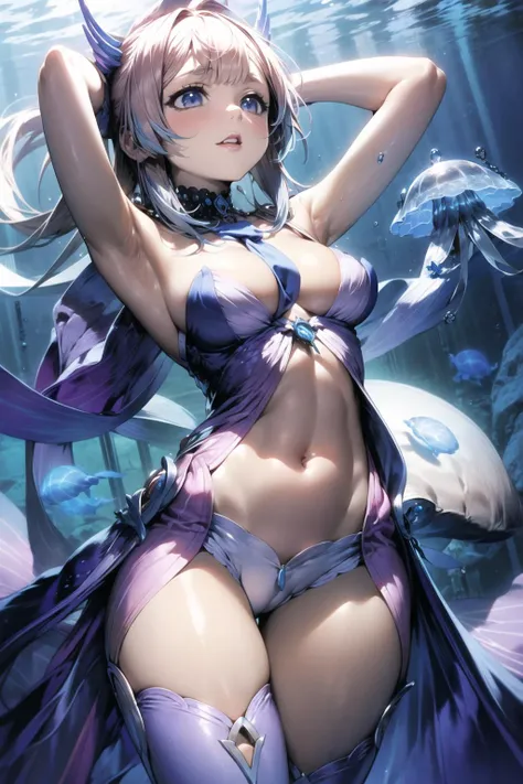 masterpiece,colorful,fantasy,<lora:add_detail:0.3>,(medium breasts:1.5),underwater,<lora:å¿æµ·:1>,bare shoulders,navel,jellyfish,levitation,lens flare,ass,armpits,arms behind head,pelvic curtain,necktie,loose clothes,detailed face,thigh gap,(abs:0.4),lowl...