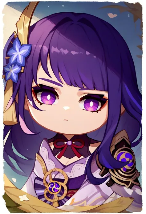 a cartoon girl with purple hair and purple eyes holding a sword