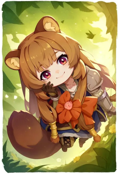 a cartoon girl with long hair and a brown cat tail