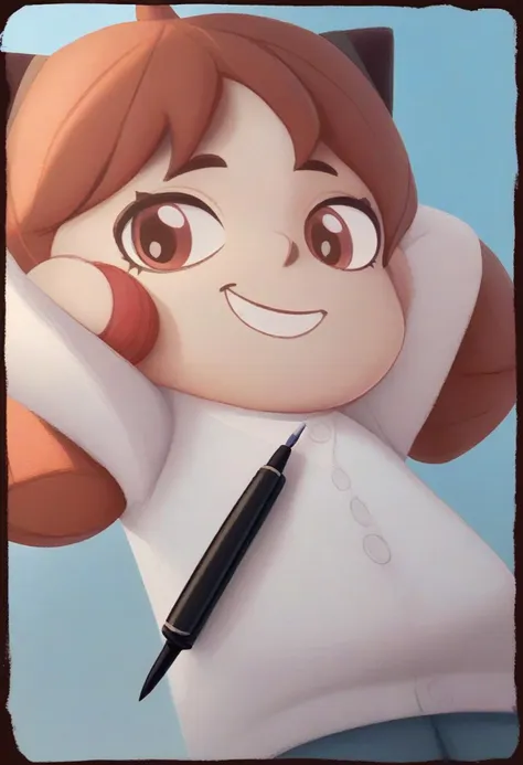 a close up of a cartoon character with a pen in his hand