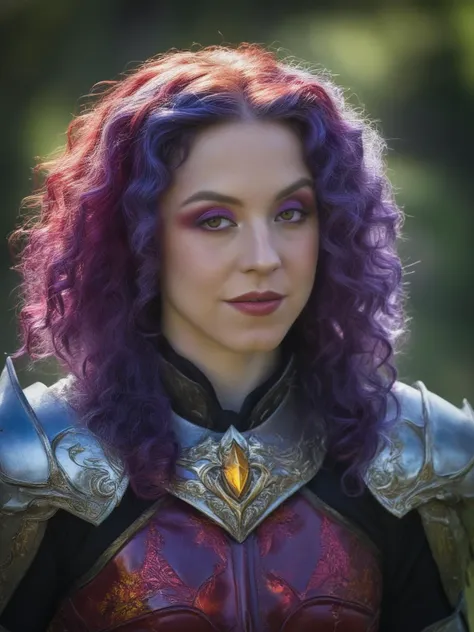 RAW candid cinema, ((syds woman)) waist up portrait ,  as a gothic female blood elf, (curly hair:1.1), (purple hair:1.3), magical dark and red universe, magic cloth armor with red and yellow engrave in intricate details
 <lora:SydneySweenyXLDogu:1>