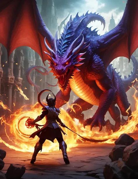 fighting scene between a tiefling demon girl and  a huge dragon,  using magic fireballs