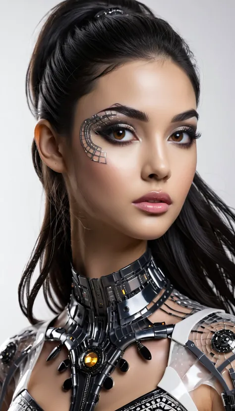 full body wide angle, professional 3d model , 3d printed fit romantic 23 year old (Icelandic:1.1) woman with long jet black hair, brown eyes, (makeup, eyeliner, eyeshadow, lipstick:0.9), (pores:0.5), (goosebumps:0.5),  cyborg companion, ornate and intricat...