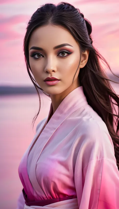 a close up of a woman in a pink robe near a body of water