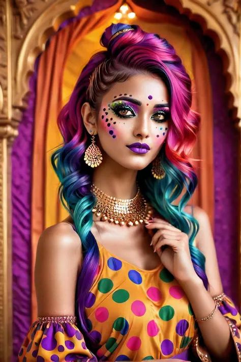 a model with vibrant, rainbow colored hair and makeup is posing for a photo. shes wearing a brightly colored polka dot dress that matches her colorful hair. the backdrop is a rich tapestry of gold and purple, giving off an opulent vibe reminiscent of a roy...