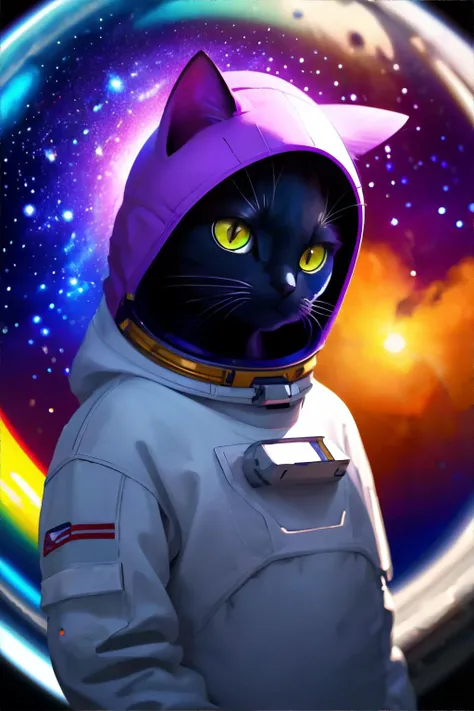 <lora:bettercolorfulspace:0.7>, cat wearing an astronaut suit in space, multicolored galaxies, no humans, <clip:skip:2>, masterpiece, 8k, high resolution, shallow depth of field, sharp focus