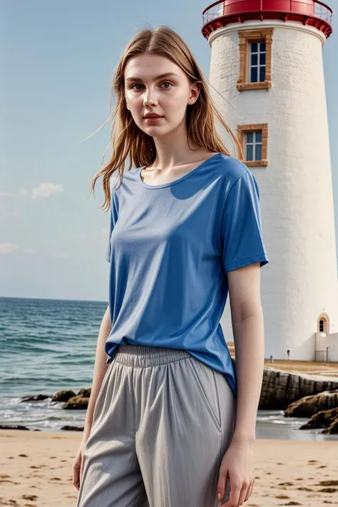 <lora:kawaii7.1.3_obj20:0.75:0.25>, European woman, closeup, sandals, (shirt), pants, (beach lighthouse), ZM_aimee, wide shoulders, perfect face, (contact iris: 1.1), pale skin, skin pores , depth of field