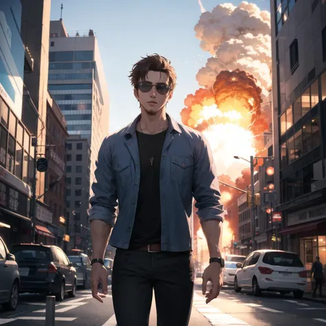 handsome dude, cool, city, sunny day, drip, rugged clothes, explosion in the background, movie scene