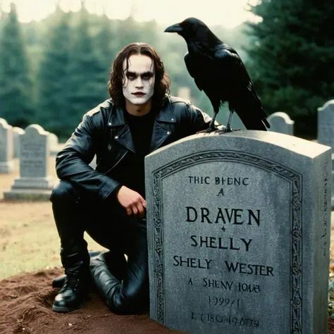 cinematic film still of  <lora:Eric Draven The Crow Movie:1.2> 
Eric Draven The Crow Movie a man with a sad face sitting next to a tombstone with the name "Shelly Webster" engraved on it, shallow depth of field, vignette, highly detailed, high budget, boke...