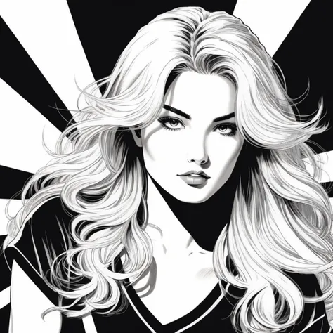 manga style art of  <lora:Shelly Webster:1.2> In black and white 2d comic book drawing
Shelly Webster a blonde choppy hair woman with a long blond hair and a black shirt in the 80s, vibrant, high-energy, detailed, iconic, Japanese comic style, manga