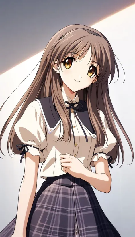 1girl,ayaka,short sleeves hamasaki uniform,blue plaid skirt,masterpiece,best quality,solo,very aesthetic,absurdres,game cg,simple background,white background,cowboy shot,upper body,close up,looking at viewer,smile,(illustration:1.2),(extremely fine and bea...