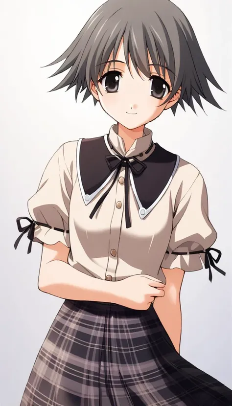 1girl,megumi,short sleeves hamasaki uniform,beige shirt,blue plaid skirt,masterpiece,best quality,solo,very aesthetic,absurdres,game cg,simple background,white background,cowboy shot,upper body,close up,looking at viewer,smile,(illustration:1.2),(extremely...