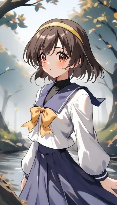 1girl,
yoneyama mai,
yue,long sleeves sumisora uniform,longyue,solo,river,tree,forest,(close-up:1.2),cowboy shot,
masterpiece,newest,best quality,very aesthetic,absurdres,safe,