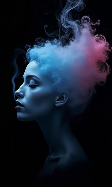 Create a breathtaking, award-winning illustration of a womans face in a professional, highly detailed style. The image should be in black and white, with the womans eyes closed. Her hair is styled in a bun, transforming into a cloud of blue and pink light ...