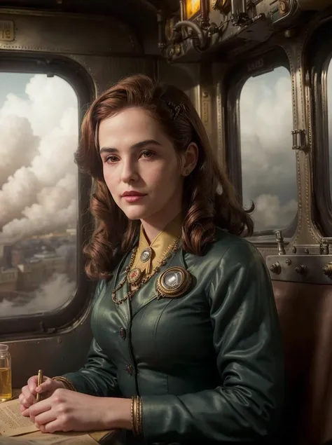 oil painting of z0ey,vintage hair,sitting in a train,steampunk setting,(close-up),cloudy,volumetric fog,city street,(masterpiece:1.0), (best quality:1.0), (intricate details), flash photography