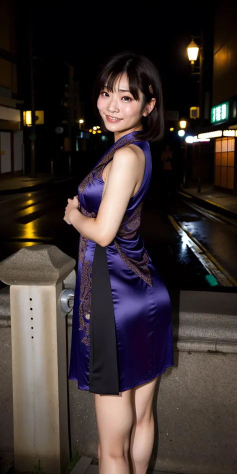 dark and night Chinese streets and public places background and A flash photography photo of (a japanese woman:1.2),saikakawakita01, <lyco:flashphotographyphotoV1:0.85>,detailed facial features,upper body,wearing a beautiful dress,Smile naturally and wave ...