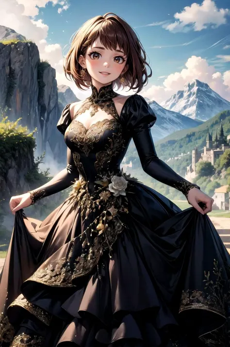 (masterpiece, best quality, detailed), 1girl, solo, looking at viewer, ochako uraraka, brown hair,brown eyes, short hair,
<lora:wrenchelegadome:0.8>, wrenchelegadome, black dress, layered dress, long dress, outdoors, mountain, castle, fantasy, scenery, sky...