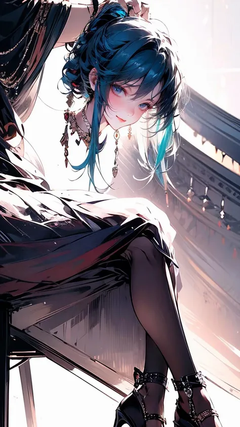 anime girl with blue hair sitting on a chair with her legs crossed