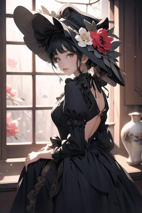 <lora:wrenchrococodome:1>, wrenchrococodome, hat, hat ornament, Black color dress, messy low ponytail with wispy strands, confused, hat flower,