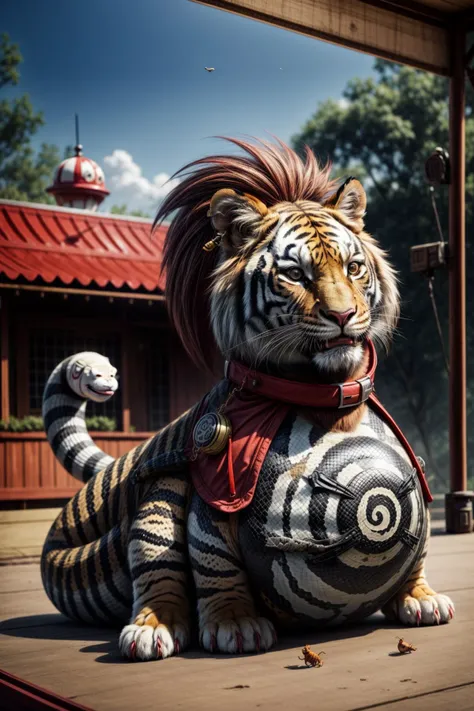 a close up of a tiger statue on a platform with a red roof