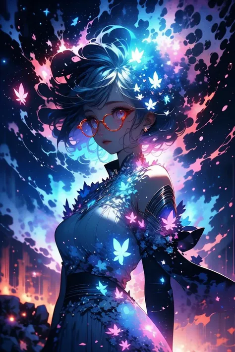 a woman with blue hair and a dress is standing in front of a sky full of stars