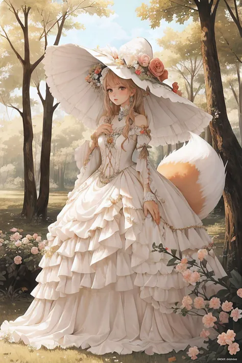 1 girl, fox ears, fox tail, giant trees,  <lora:wrenchrococodome:1> wrenchrococodome, white dress, hat, hat flower, full body