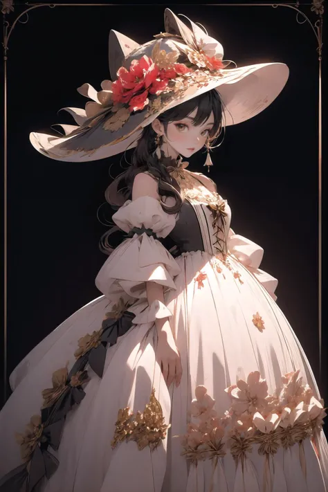 <lora:wrenchrococodome:1>, wrenchrococodome, hat, hat ornament, Amber color dress, sleek top knot, hungry, hat flower,