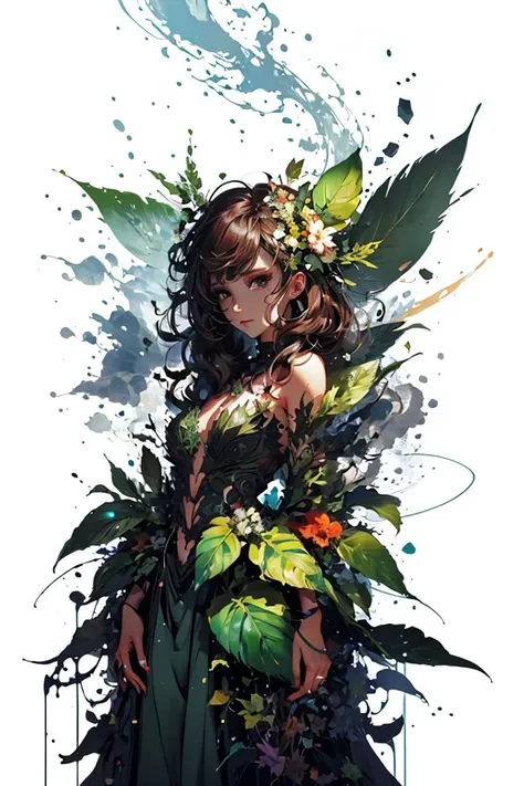 (Gorgeous Vector image:1.3) of (Cel shading:1.3) <lora:wrenchleafloom:0.8> wrenchleafloom, gown, leaf, 1 woman, dress, vegetation, colorful, clouds, flames,,(Flat style:1.3),Illustration,Behance,(Kodak Portra:1.3),(close portrait:1.3),(Feminine:1.4),(beaut...