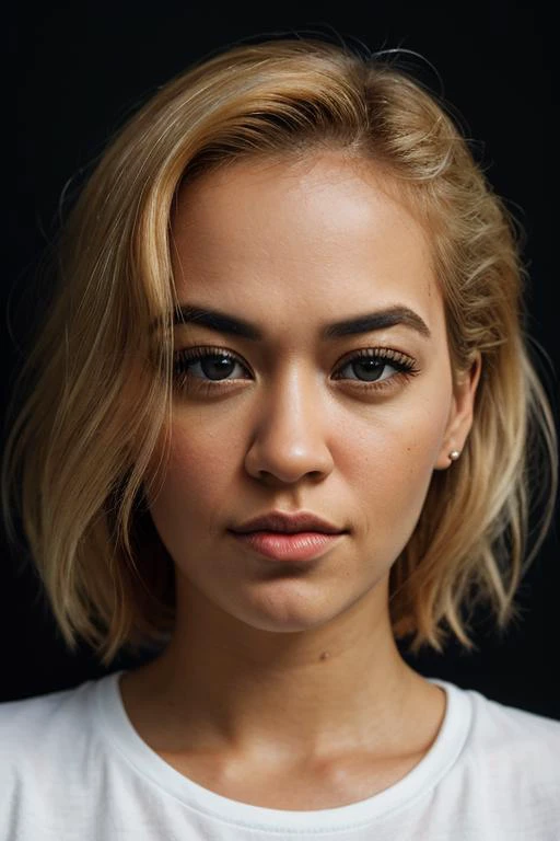 close up of a woman,portrait of (ritaora_ti_v1-4900:0.99), blonde hair, (brown eyes:1.1),Masterpiece, absurdres, award winning photo of candices, wearing a tshirt,extremely detailed, amazing, fine detail, extremely detailed eyes and face, by lee jeffries, ...