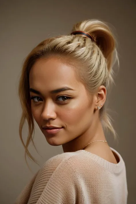 professional portrait photo of a woman, ritaora_ti_v1-4900,(blonde bleached ponytail hair:1.1), (brown eyes:1.1),tanned skin,Masterpiece,nude makeup, absurdres, award winning photo of candices, subtly smiling,flirting,wearing a pastel sweater,extremely det...