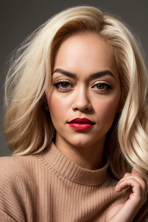 professional portrait photo of a woman, ritaora_ti_v1-4900,( short blonde bleached hair:1.1), (brown eyes:1.1),Masterpiece,darkred lipstick, absurdres, award winning photo of candices, subtly smiling,flirting,wearing a pastel sweater,extremely detailed, am...