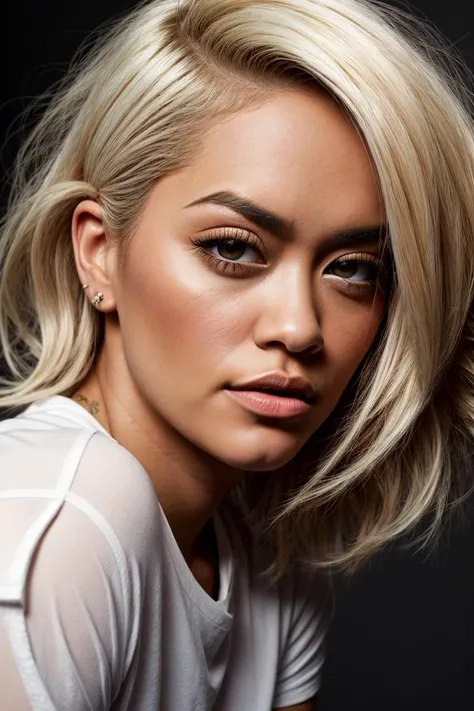 editorial portrait of a woman,(ritaora_ti_v1-4900:0.99),( blonde bleached hair:1.2), (brown eyes:1.1),Masterpiece, absurdres, award winning photo of candices, wearing a white tshirt,extremely detailed, amazing, fine detail, extremely detailed eyes and face...