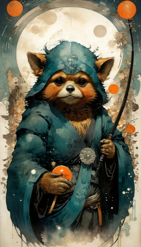 a painting of a raccoon dressed in a blue robe holding a stick