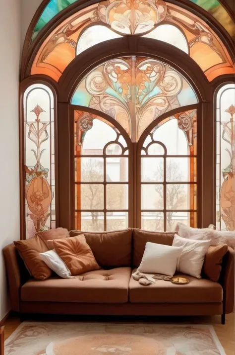 , <lora:Alphonse Mucha Style:1> Alphonse Mucha Style , in stained glass   ,, girlish living room, small room, Two-person sofa, plan of a house, brown  sofa, white wall,