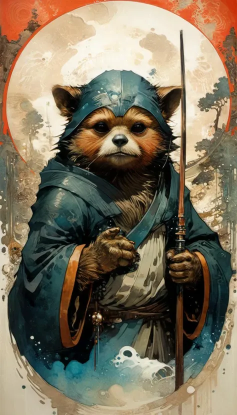 a painting of a raccoon dressed in a blue robe holding a sword