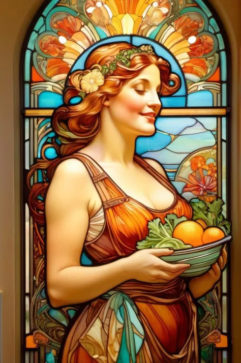 , <lora:Alphonse Mucha Style:1> Alphonse Mucha Style , in stained glass   ,, A highly detailed mother in her kitchen preparing meal, window sunny day, happy, smiling,