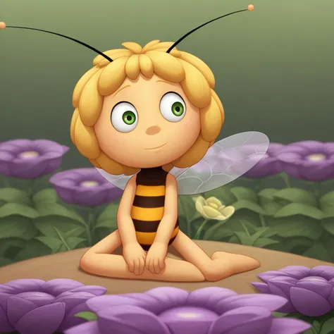 a cartoon bee sitting on a flower bed with a butterfly