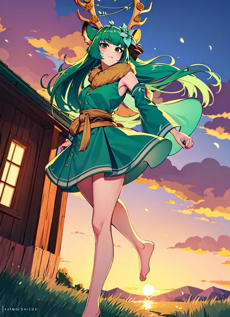 ((best quality)), ((highly detailed)), masterpiece, absurdres, detailed face, beautiful face, (detailed eyes, deep eyes), (1girl), dynamic pose, full body, <lora:harukakaribu-nochekaiser:1>, haruka karibu, green hair, long hair, hair flower, hair ornament,...